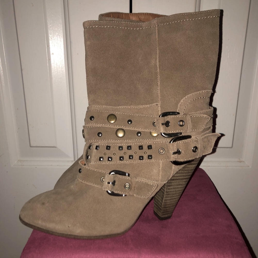Franco Fortini taupe suede like western stud strap ankle boots